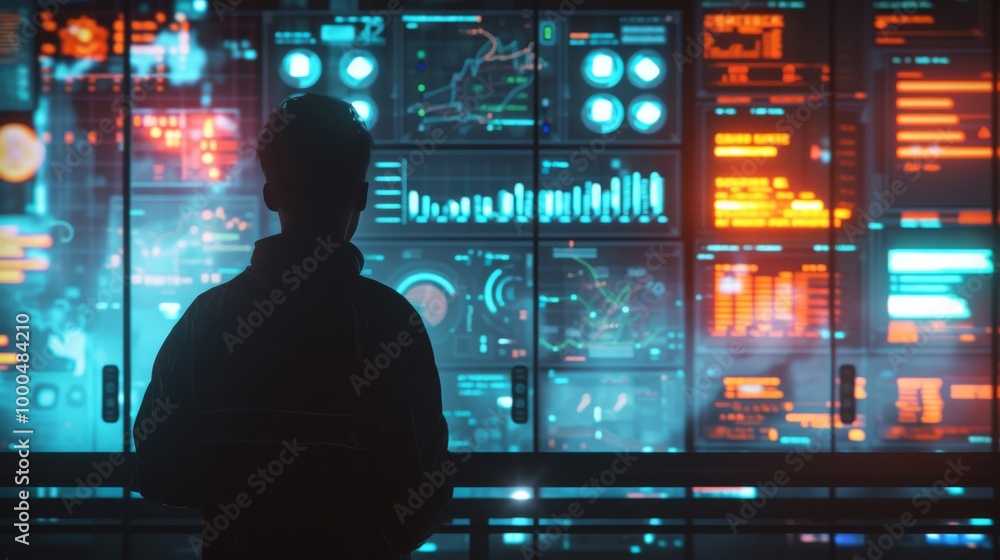 Poster a silhouette of a man standing in front of large digital screens, analyzing complex data in a dark r