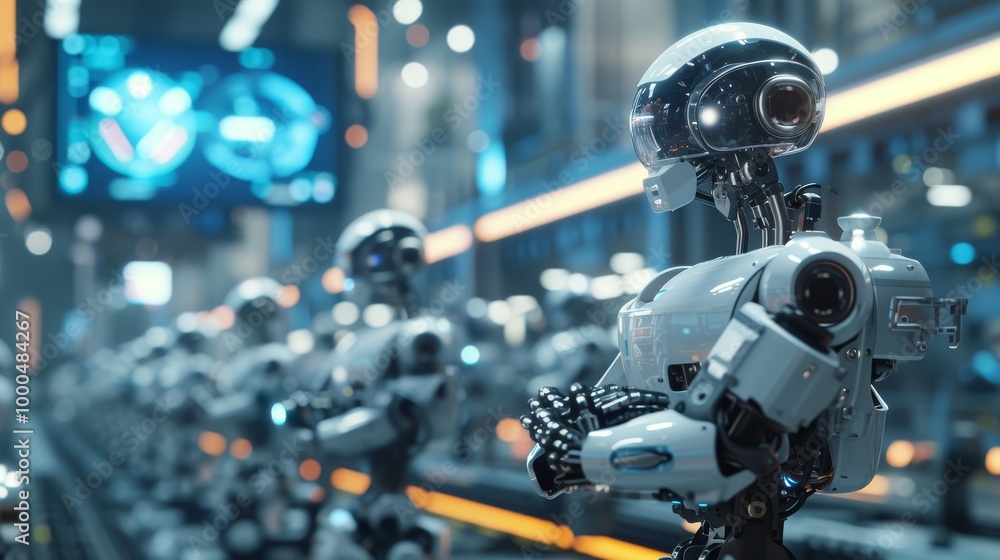 Poster a futuristic assembly line features rows of humanoid robots in a high-tech factory. the scene showca