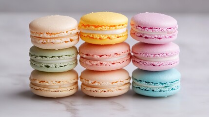 Obraz premium A delightful assortment of colorful macarons arranged artfully on a delicate plate. These French confections showcase a variety of vibrant flavors, each with a smooth, glossy shell and a rich filling.