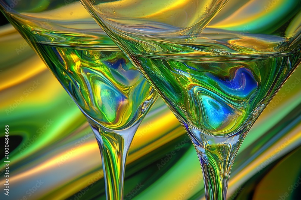 Aufkleber close up of two martini glasses with swirling rainbow liquid creating a psychedelic and colorful abs
