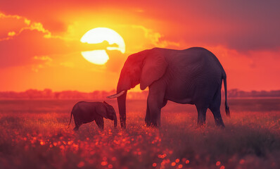 Fototapeta premium Majestic mother elephant and her calf walking through the glowing African savannah at sunset capturing the beauty of nature wildlife bonding and love in the heart of the wild plains