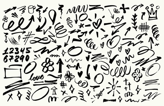 Set de elementos gr&aacute;ficos y garabatos gestuales hechos a mano