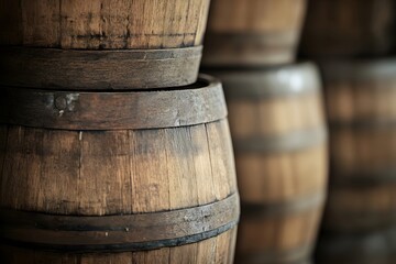 Fototapeta premium Wooden wine or cognac oak barrels stacked in cool cellar in distillery house. Craft beer or brandy production. Winery and winemaking. Wine aging process. Background for banner, poster, wallpaper