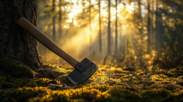 Tranquil Forest Scene with Axe