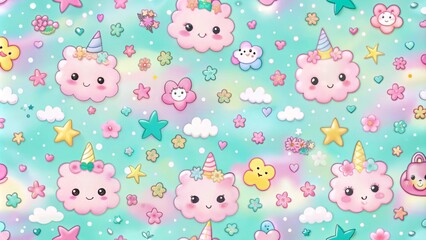 Seamless pattern of cute cartoon clouds with unicorn horns and floral crowns on a turquoise background with stars, hearts, and flowers.