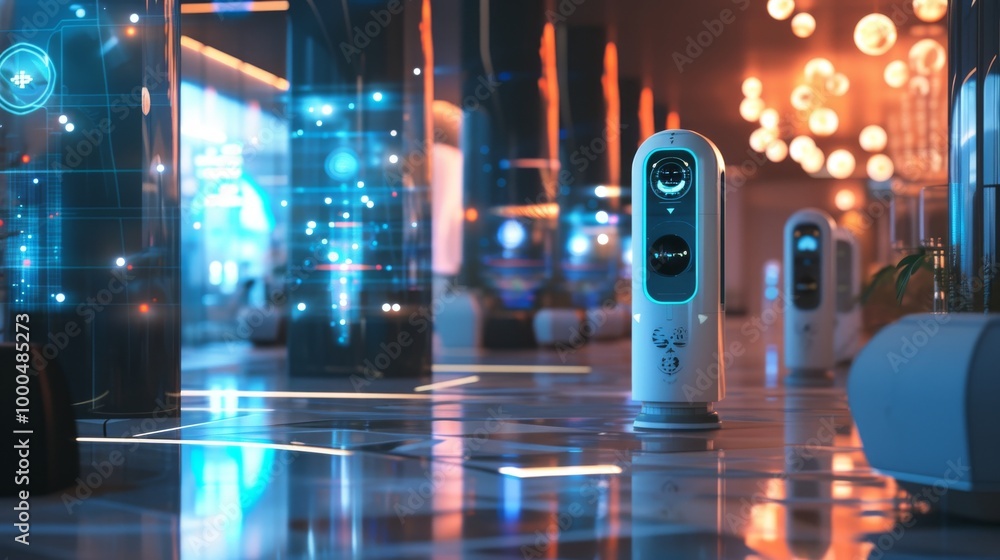 Poster modern robots standing in a sleek, futuristic environment with vibrant lights and holographic displa