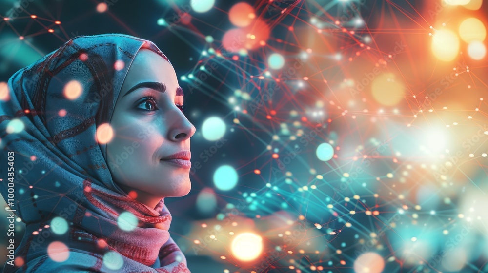 Poster a woman looks forward with determination, surrounded by glowing lights and a network-like structure.