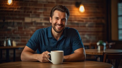 Man with a huge one-gallon coffee cup in a rustic café setting