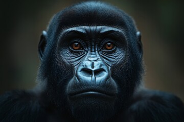 Obraz premium Close-up portrait of a gorilla with intense eyes in a tranquil natural setting.