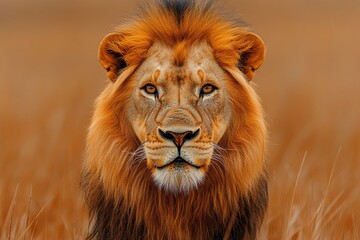 Fototapeta premium Majestic male lion with a golden mane staring intently in the savanna.