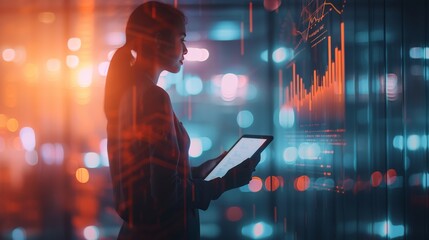 A woman in a high-tech office environment, illuminated by neon lights, analyzes data on a tablet. The digital displays and charts surrounding her emphasize a future-oriented workplace.