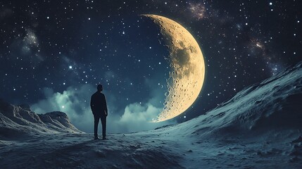 Fototapeta premium A man stands alone on a snow-covered hill, gazing at a giant crescent moon in a starry sky.