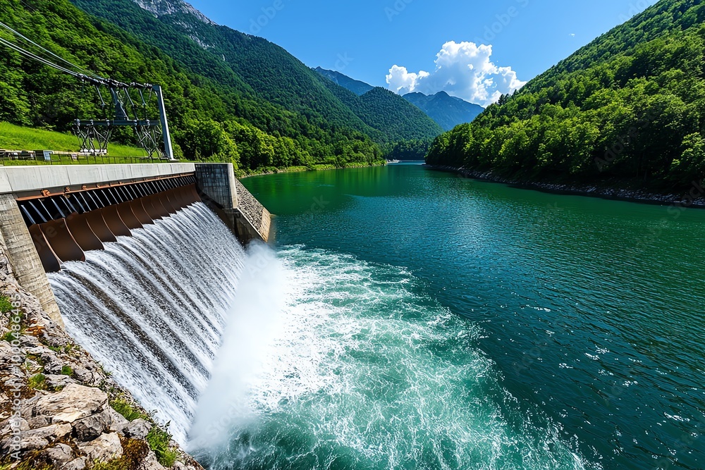 Poster river flowing through a hydroelectric dam, with the water generating power as it moves, showcasing t