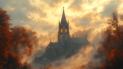 A church steeple peeks through misty fog, bathed in golden light.