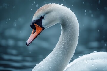 Fototapeta premium Graceful swan in serene waters with droplets on feathers.