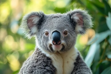 Obraz premium Close-up of a koala with soft fur and large ears against a natural green background.
