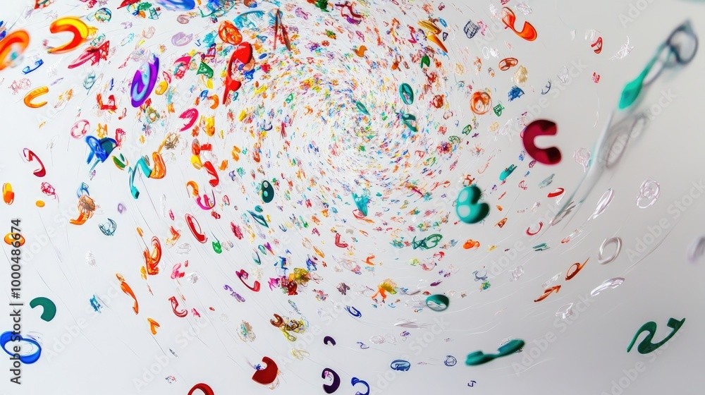 Poster mesmerizing educational symbols swirl in captivating trails, forming an abstract pattern on a white 