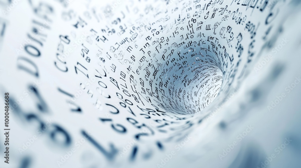 Poster mesmerizing swirling trails of letters and numbers create an intricate abstract design on a white ba