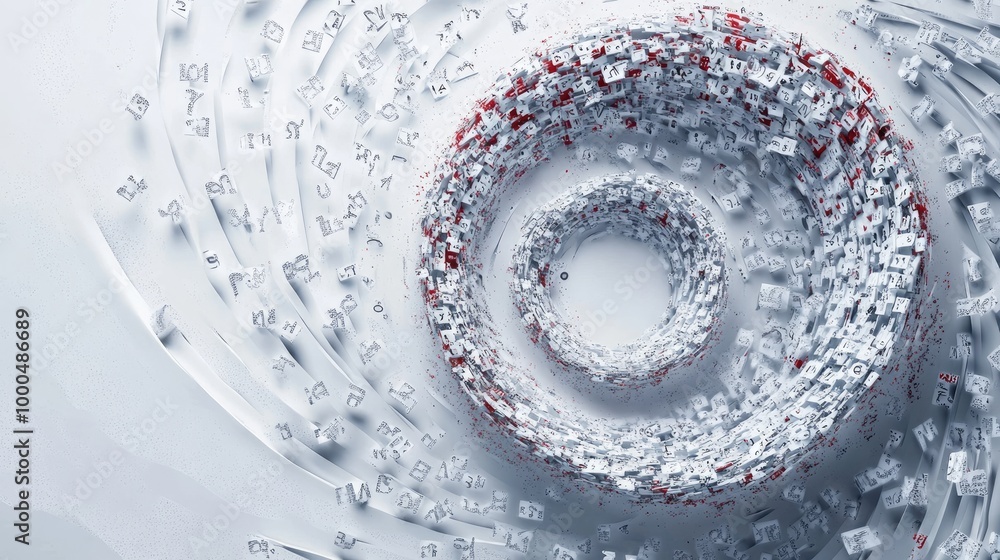 Poster mesmerizing swirling trails of letters and numbers create an intricate abstract design on a white ba