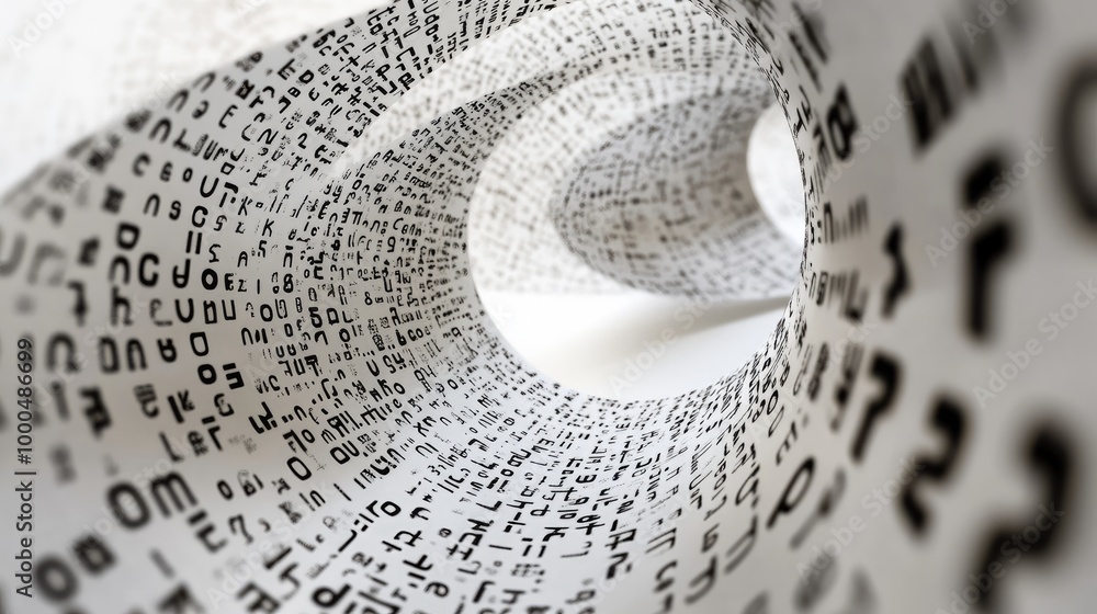 Poster mesmerizing swirling trails of letters and numbers create an intricate abstract design on a white ba