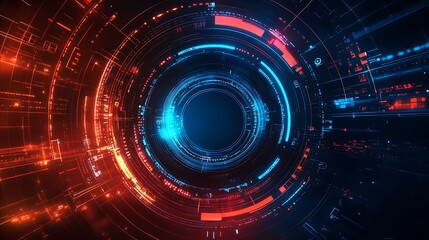 Fototapeta premium Abstract glowing circular pattern in blue and red with digital information.