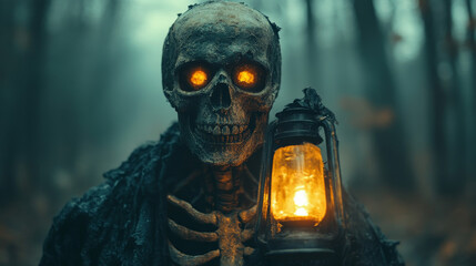 A skeletal figure with glowing eyes holds a lantern in a misty forest.