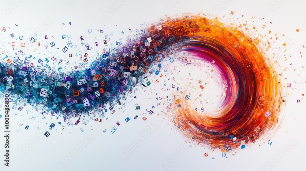 Poster stunning swirling trails of letters and educational symbols form a captivating abstract pattern on a
