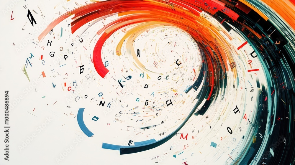 Poster stunning swirling trails of letters and educational symbols form a captivating abstract pattern on a