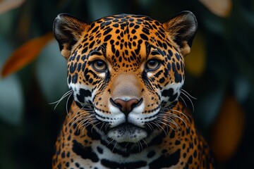 Obraz premium Close-up of a majestic jaguar in its natural habitat, showcasing its powerful presence.