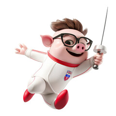 A cartoon pig wearing glasses and a fencing suit, holding a fencing sword.