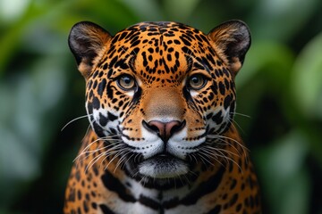 Fototapeta premium Close-up of a majestic leopard staring directly into the camera with a lush green background.