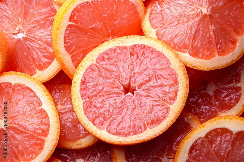 Poster close up of vibrant grapefruit slices arranged in a layered pattern highlighting the bright pink and
