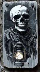 Fototapeta premium A spooky skull holding a lantern on a rustic wooden sign.