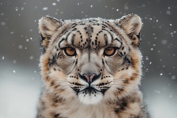 Fototapeta premium Close-up of a snow leopard gazing intently as snowflakes fall around it.