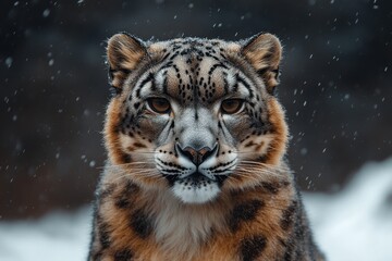 Close-up of a majestic snow leopard with a serious expression in a snowy environment.