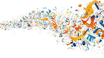 Fototapeta premium Swirling trails of letters, symbols, and academic tools form an intricate abstract design on a white background, representing knowledge and growth