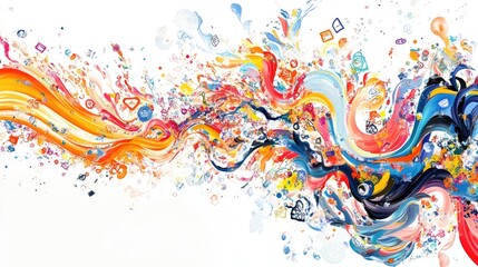 Fototapeta premium Swirling vibrant trails of educational symbols create a stunning abstract design on a white background, evoking knowledge and growth