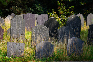 Grave stone markers in natural long grass in churchyard with no names © IanDewarPhotography