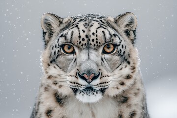 Obraz premium Close-up of a majestic snow leopard staring directly into the camera in a snowy environment.
