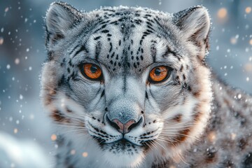 A close-up of a majestic snow leopard with vibrant orange eyes surrounded by falling snowflakes.