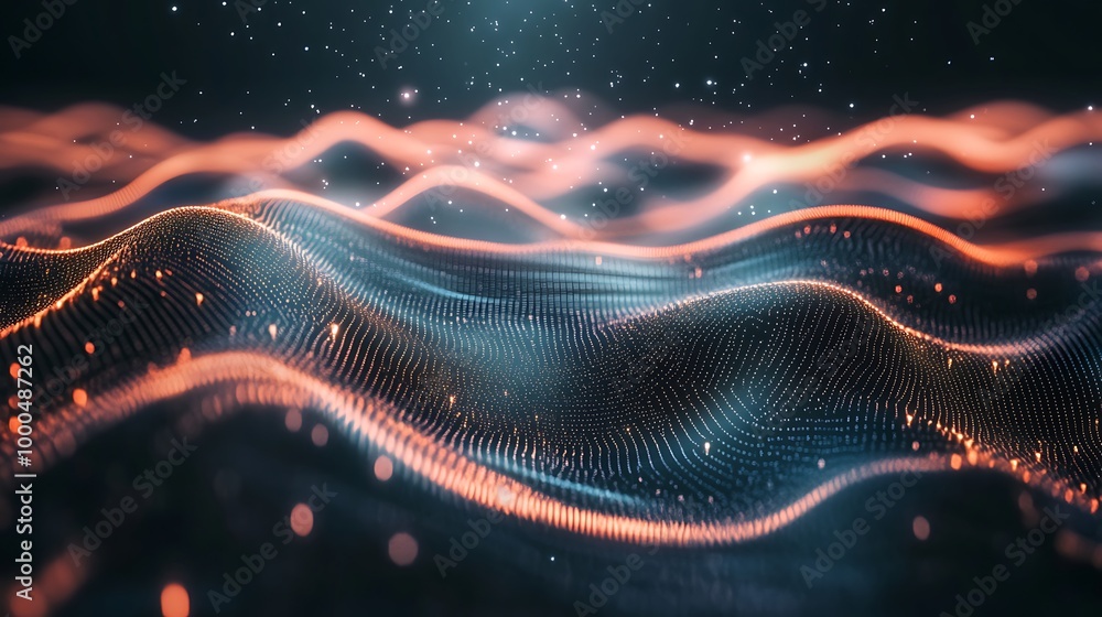 Fototapete a 3d sci-fi background with radiant particles and geometric grid lines
