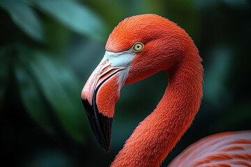 Close-up of a vibrant pink flamingo against a blurred green background.