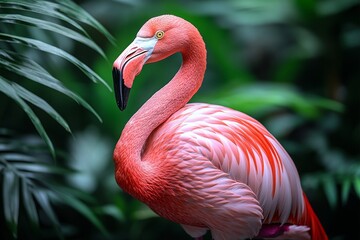 A vibrant pink flamingo stands gracefully among lush green foliage.