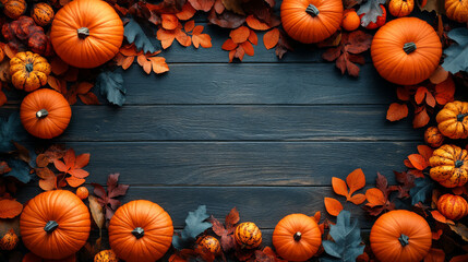 Pumpkins and fall leaves border a dark wood background.