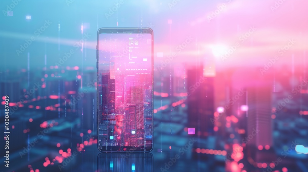 Poster a sleek smartphone displaying a digital interface, blending with a futuristic city skyline. the suns