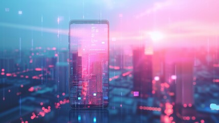 Fototapeta premium A sleek smartphone displaying a digital interface, blending with a futuristic city skyline. The sunset adds vibrant hues of pink and blue, creating a dynamic urban scene with technological themes.