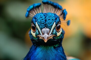 Naklejka premium Close-up of a vibrant peacock with striking blue and green feathers against a blurred background.