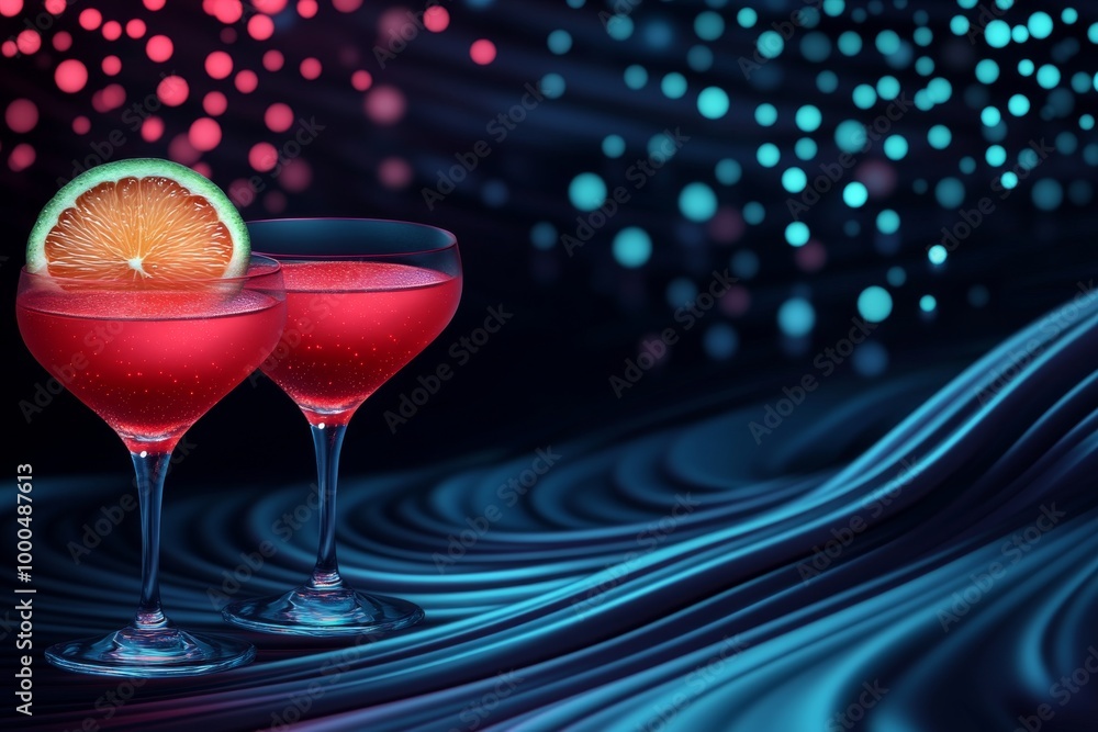 Poster two margarita cocktails with lime garnish set against a futuristic digital backdrop with swirling ne