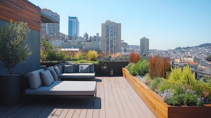 Pictures of a beautifully designed rooftop garden featuring sleek wooden decking