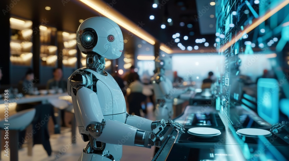 Poster humanoid robots interact with futuristic digital screens in a tech-driven restaurant. the setting is